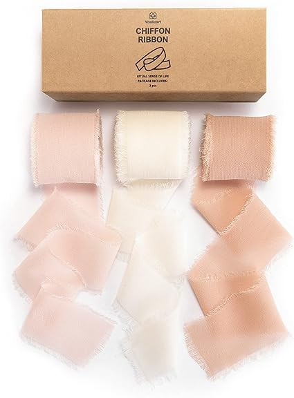 Amazon.com: Vitalizart 3 Rolls Handmade Fringe Chiffon Silk Ribbon Gauze 1.5" x 7Yd Pink & Cream ... | Amazon (US)