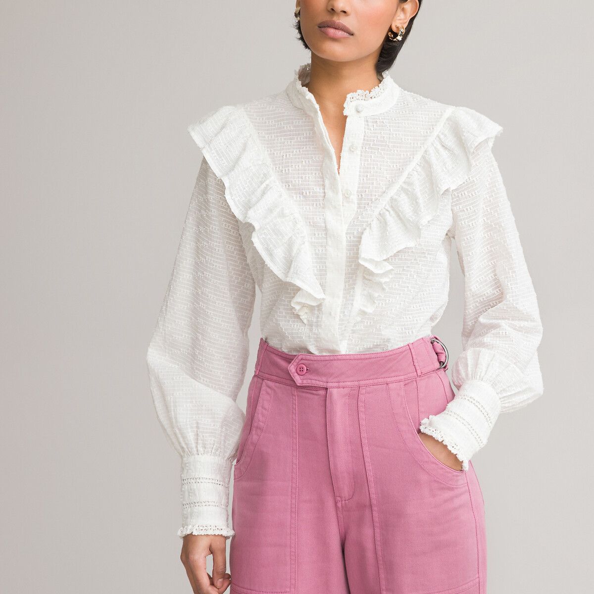 Cotton Ruffled Blouse with High Neck | La Redoute (UK)