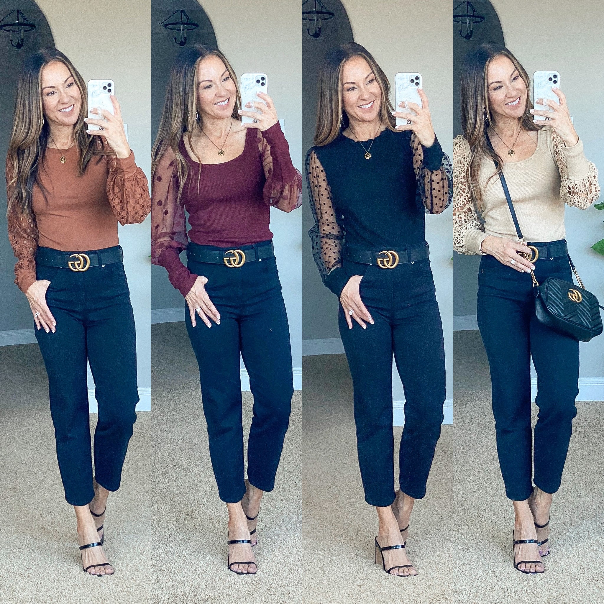 Sale on these Amazon Statement sleeve long-sleeve tops and bodysuits perfect for a date night.  All size small.  High waisted crop ankle Jeans size 0 short. Comes in reg & long, too. Super comfy and great for the office. Shoes fun TTS and I linked a similar bag.  Slim fit bodysuit | lace sleeve | sheer sleeve

#LTKsalealert #LTKunder50 #LTKstyletip