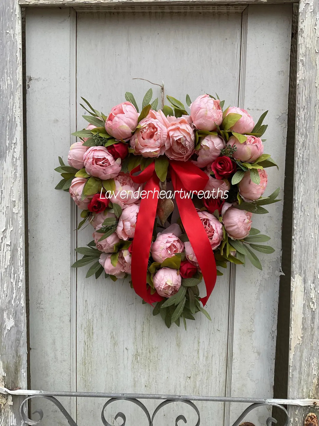New pink peony wreath with variety of greenery and pink peonies. This is a heart shaped wreath wi... | Etsy (US)