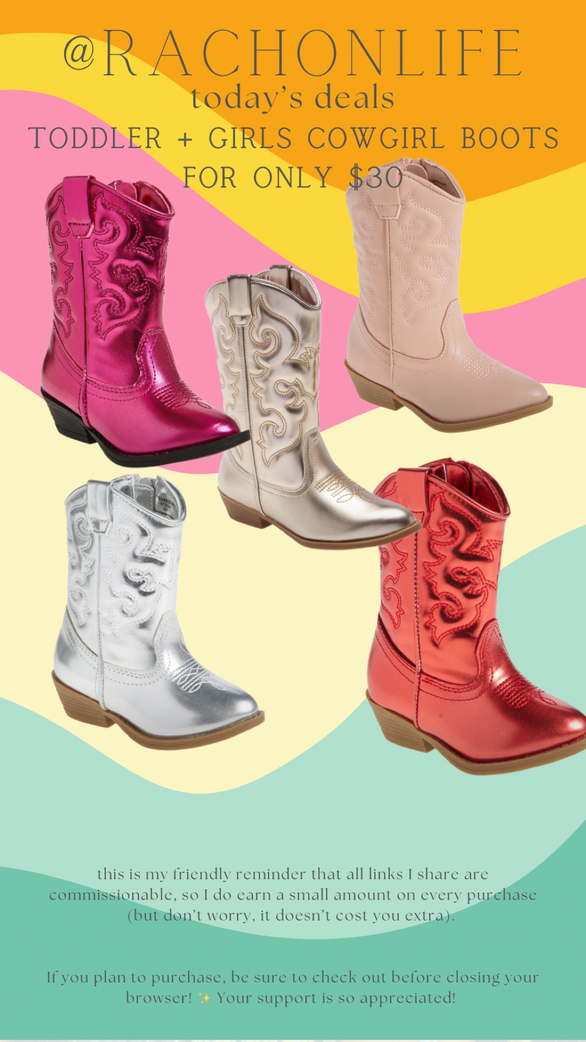 Loooove the colors of these cowgirl boots (and I love the zipper). I love a good classic cowboy boot, but for babies and toddlers, most of them don’t wear them enough to justify that price. Also— buy them a size or size and a half too big and pair em with thick socks - that way they’ll work 2 seasons! 

#LTKKids #LTKShoeCrush #LTKFindsUnder50