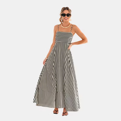 Women‘s Striped Spaghetti Strap Maxi Tiered Dress - Cupshe-XL-Black&Beige | Target