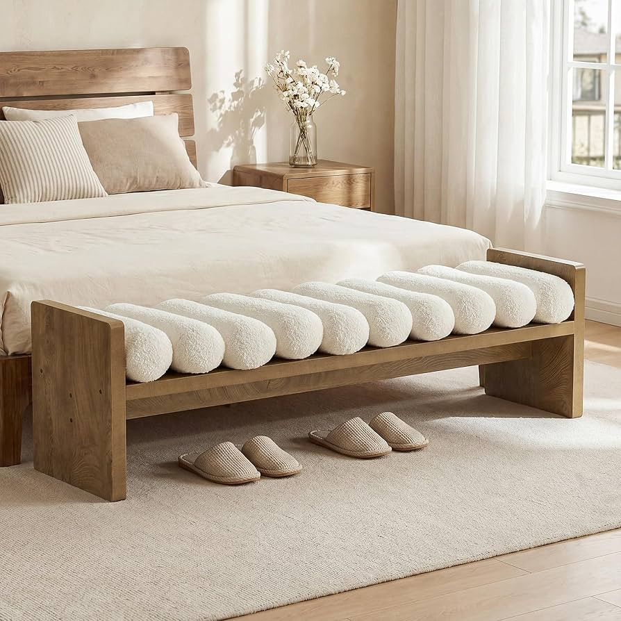 Tribesigns 59'' Wooden Entryway Bench with Boucle Cushion, Upholstered Fabric End of Bed Bench, A... | Amazon (US)