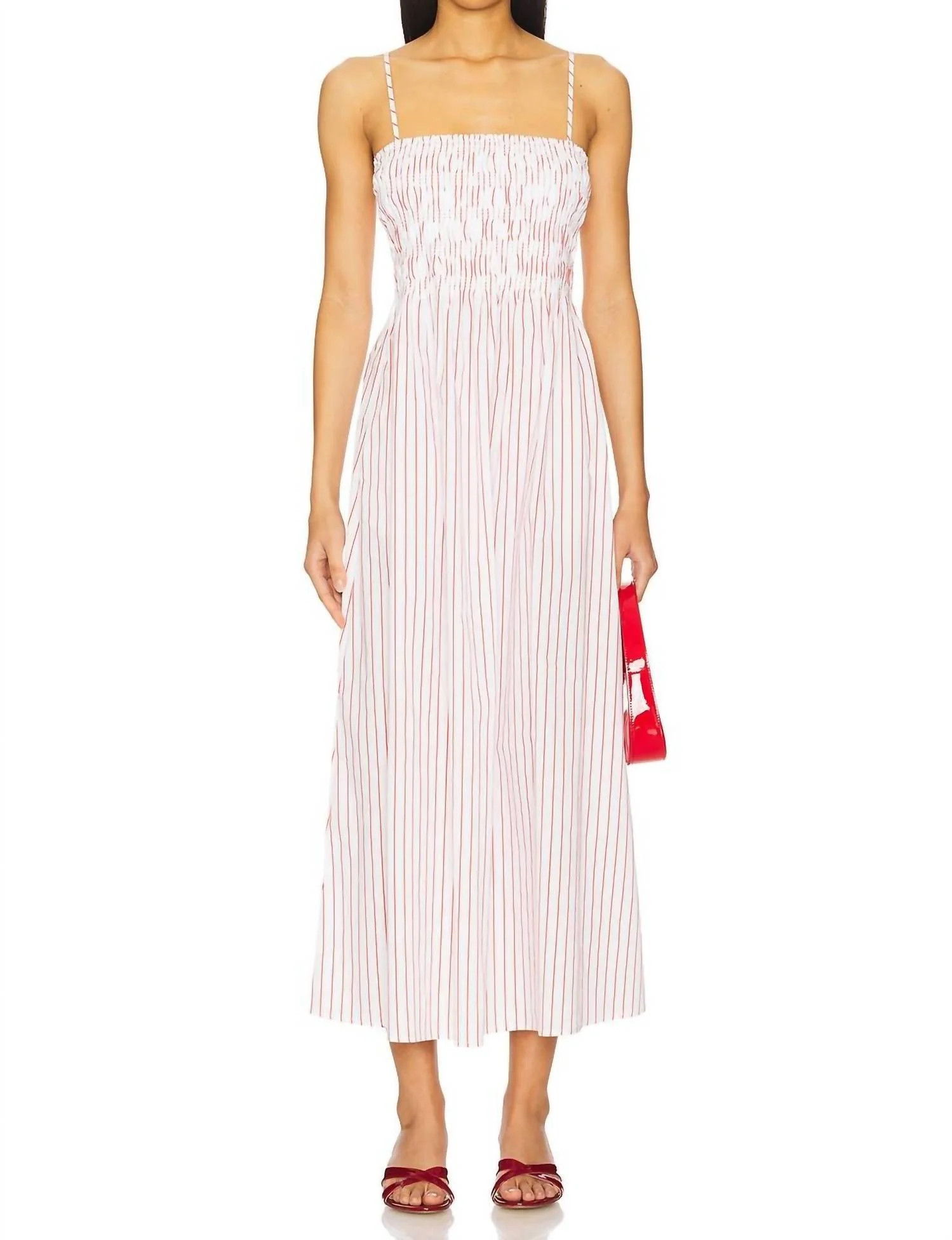 Bianca Smocked Bodice Dress In Ruby Stripe | Shop Simon