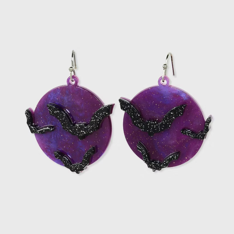 Halloween Moon with Bat Overlay Drop Earrings - Purple | Target