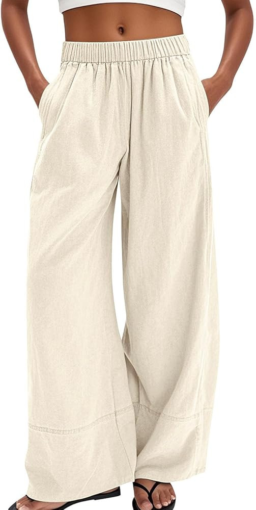 Wide Leg Linen Pants for Women Baggy Elastic High Waisted Palazzo Pants Boho Summer Beach Flowy Pants with Pockets | Amazon (US)