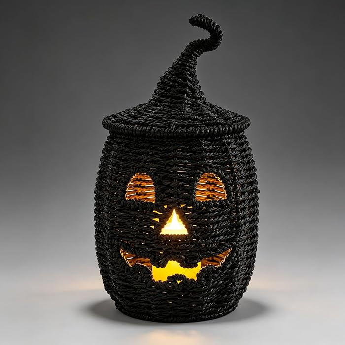 Black Handwoven Seagrass Pumpkin Jack-O-Lantern for Spooky Halloween Candy Storage, Rattan Pumpki... | Amazon (US)