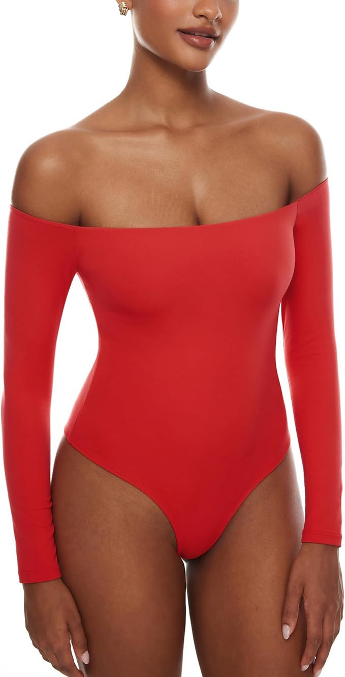INLYRIC Women's Natrelax Off The Shoulder Bodysuit Long Sleeve Thong Sexy Bodycon Slim Fit Tops L... | Amazon (US)