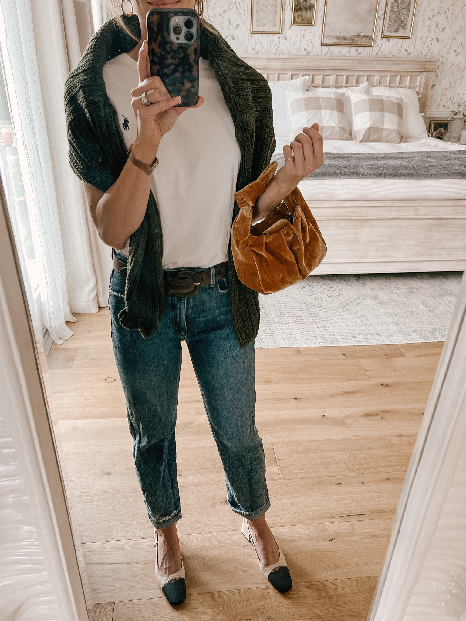 I’m going to call this an Essential 25/Seasonal Look … because although the foundation is classic E25 (jeans, white tee) … the cozy green sweater and velvet bag are indeed seasonal!  I get so many compliments on this lovely little bag 💛 #essential25 

#LTKSeasonal