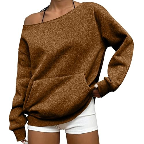 Off the Shoulder Sweatshirt for Women Casual Crewneck Oversized Sweatshirt with Pockets Long Sleeve Y2k Hoodie Loose Fit Vintage One Shoulder Pullover Hoodies Fashion Clothing 2025, Brown, Xl | Amazon (US)