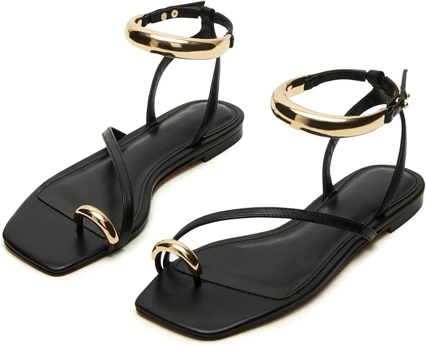 Yishaweiqi Metal Ankle Strap Flat Sandals for Women Toe Ring Strappy Slip On Sandals Open Square ... | Amazon (US)
