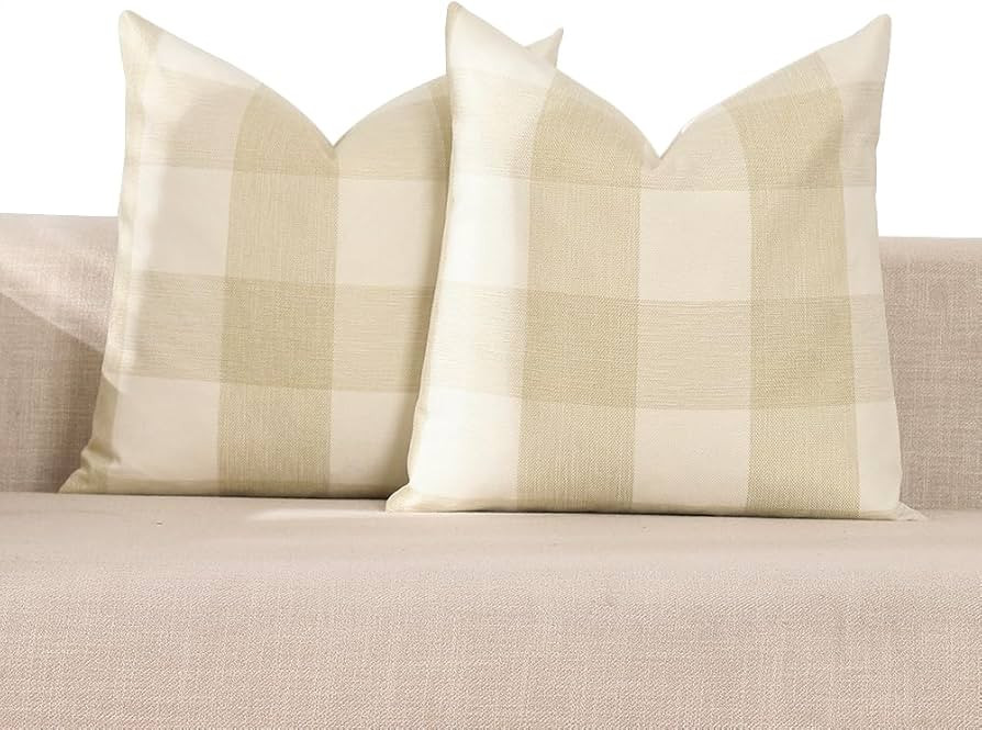 Beige Cream Buffalo Check Plaid Pillow Covers 18x18 Set of 2 Neutral Linen Throw Pillow Covers 18... | Amazon (US)