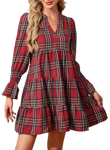 Ladyful Women's Long Sleeve Plaid Mini Dress Vintage V Neck Tiered Checkered Babydoll Ruffle Flowy Dresses | Amazon (US)