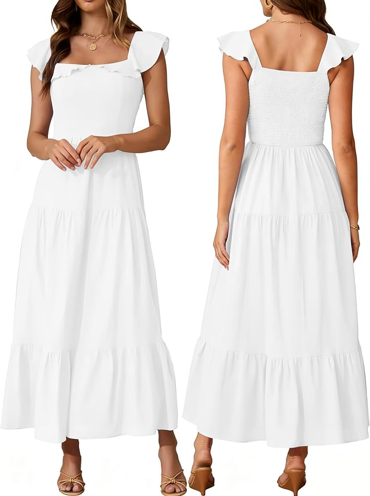 Women's Summer Sleeveless Ruffle Dresses 2026 Square Neck Smocked Backless Boho Flowy Beach A-Lin... | Amazon (US)