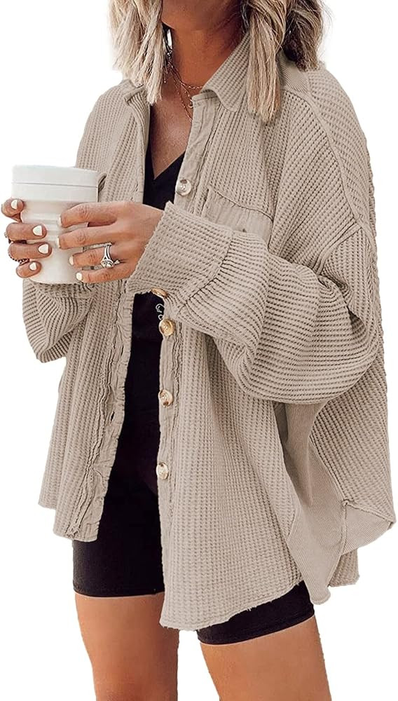 Nirovien Womens Waffle Knit Shacket Oversized Button Down Shirt Jacket Lightweight Spring Outfits... | Amazon (US)