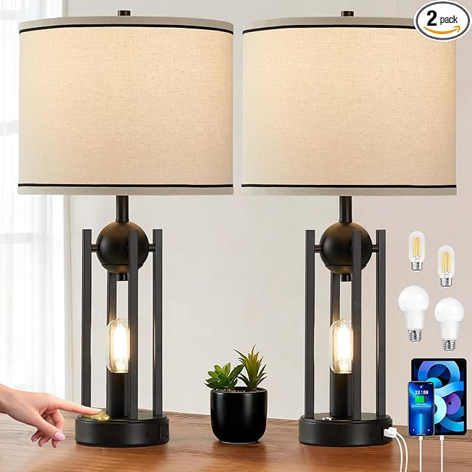 25'' Farmhouse Table Lamps for Living Room Set of 2 with USB C+A Ports, Vintage Bedside Lamp for ... | Amazon (US)