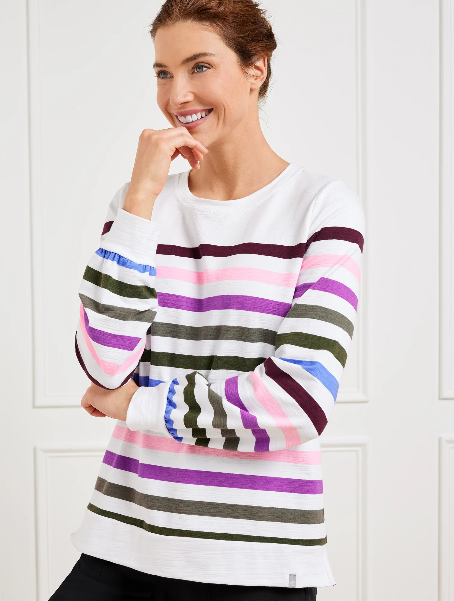 Cozy Crush Crewneck Sweatshirt - Glorious Stripe - White - 2X Talbots | Talbots