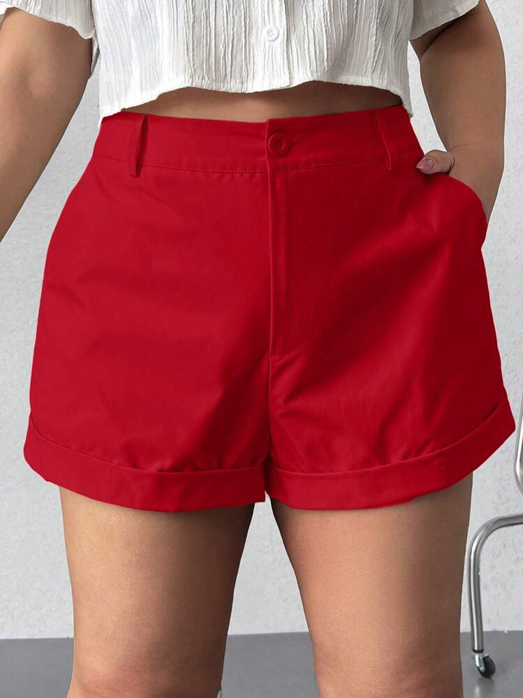 SHEIN EZwear Plus Size Solid Color Front Button Pocket Minimalist Shorts, Casual Daily Wear | SHEIN