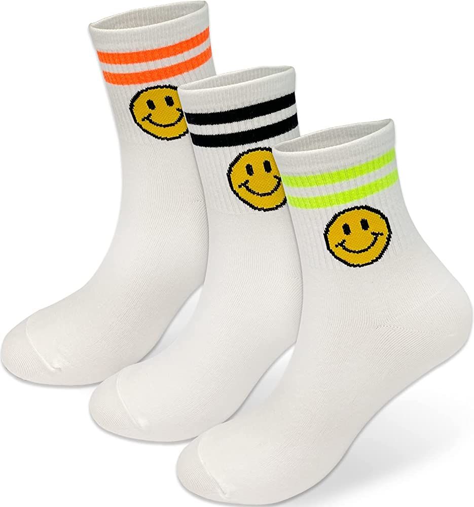 HOLAWIT Happy Face Fun Design Positive Smile Quarter Socks with Neon Double Stripes for Women 3P ... | Amazon (US)