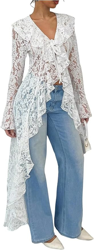 MakeMeChic Women's Floral Lace Tops Tie V Neck Blouse Long Sleeve Ruffle High Low Elegant Shirt | Amazon (US)
