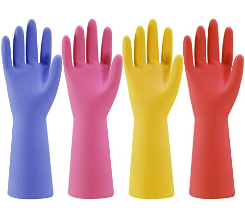 Rubber Kitchen Dishwashing Gloves - 4 Pairs Colorful Reusable Household Cleaning Gloves for Washing Dishes and Cleaning Tasks, Flexible Long-lasting and Non-Slip (Medium, Blue+Pink+Yellow+Red) | Amazon (US)