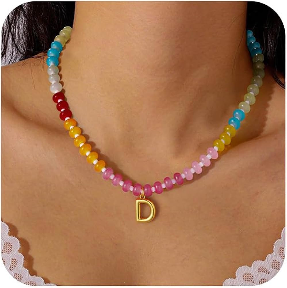 Turandoss Colorful Beaded Initial Necklaces for Women - Boho Bead Necklace Gold Bubble Letter Pen... | Amazon (US)