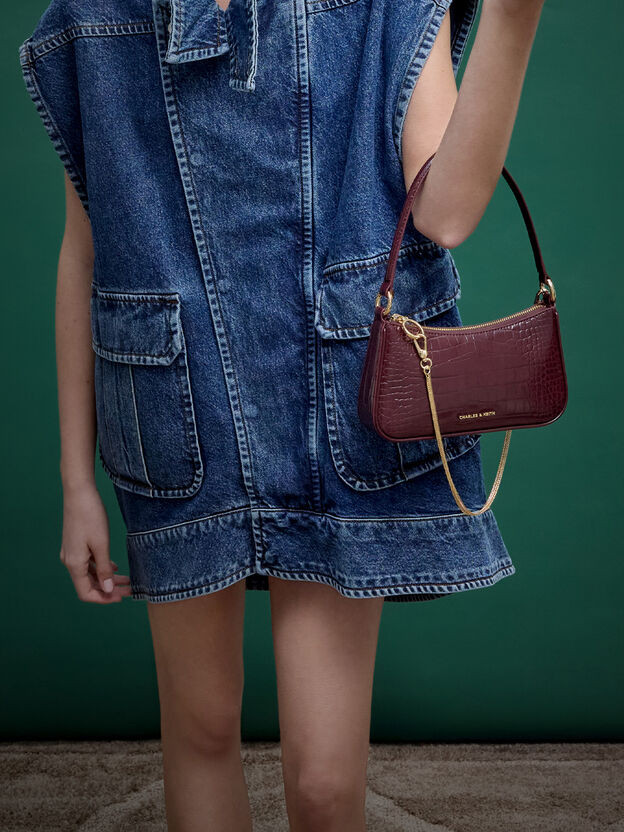 Maroon Red Croco Elspeth Croc-Effect Chain-Link Shoulder Bag | CHARLES & KEITH | Charles & Keith US