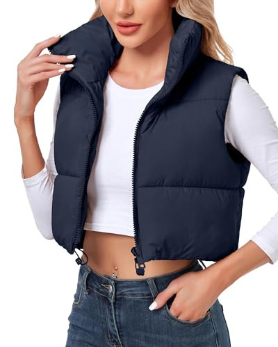 Polu Women's Cropped Puffer Vest Sleeveless Warm Vest for Women Winter Stand Collar Outerwear Gilet (Navy,L) | Amazon (US)