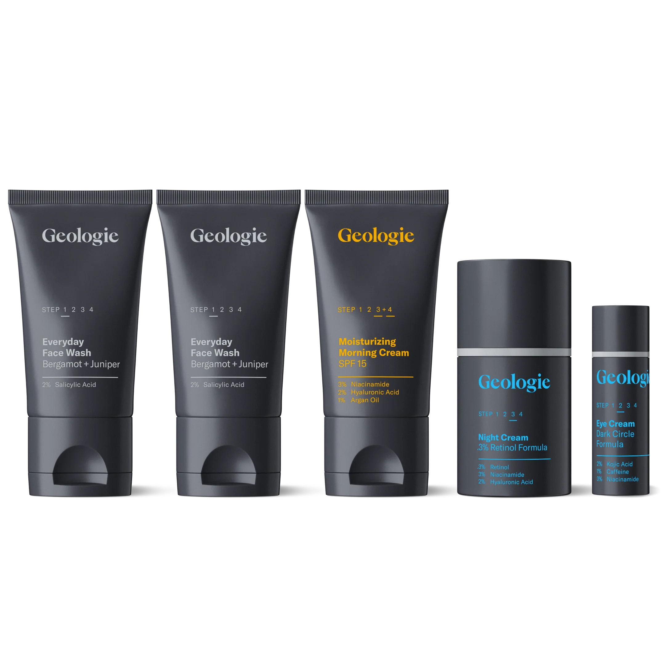 Geologie Complete Skincare Set (5-piece) | Simple, Daily 3-Step Morning + Evening Routine | Face Wash + Retinol + Moisturizer + Eye Cream | Geologie