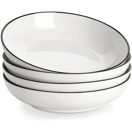 8.85" Large Pasta Bowls, 42 OZ White Salad Bowls Soup Bowls, Porcelain Serving Bowls Set of 4, Ivory White & Black Rim, Microwave & Dishwasher Safe, Series REGULAR | Walmart (US)
