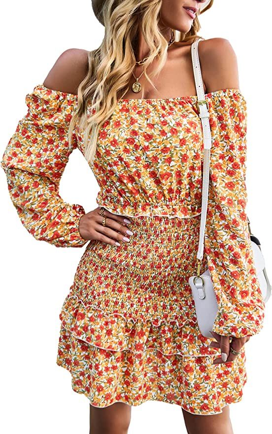 Zenlonr Women 2023 Long Sleeve Spring Summer Dresses Casual Square Neck Smocked High Waist Floral... | Amazon (US)