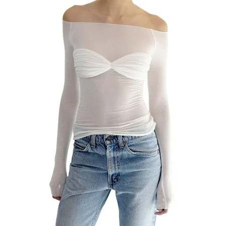 Womens Y2k Flared Long Sleeve Off Shoulder Crop Tops Mesh Elastic T-Shirts Fairycore Vintage Streetwear | Walmart (US)