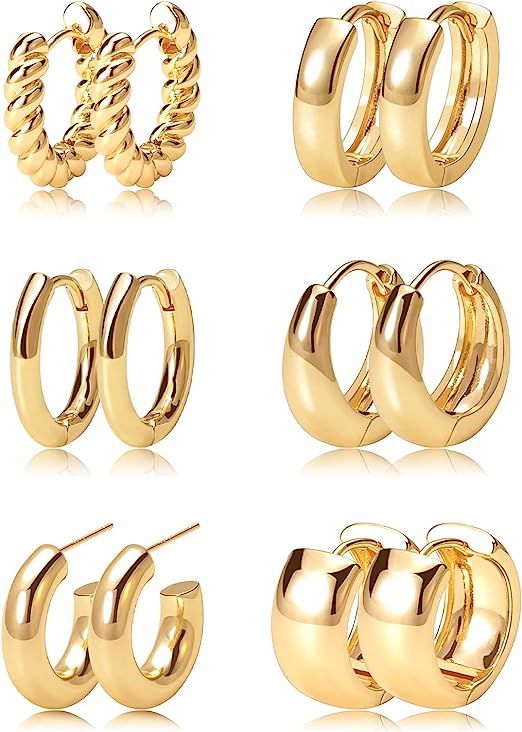 Gold Hoop Earrings Set 14k Gold Plated Huggie Earrings Hypoallergenic Chunky Twisted Thick Jewelr... | Amazon (US)