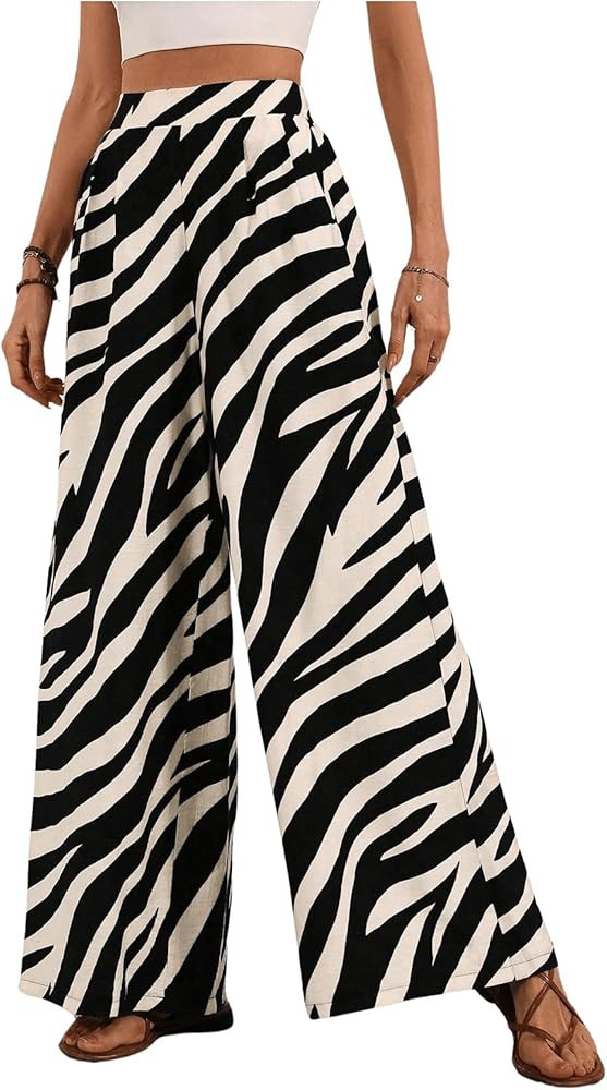 OYOANGLE Women's All Over Print Elastic High Waist Palazzo Long Pants Wide Leg Loose Trousers wit... | Amazon (US)
