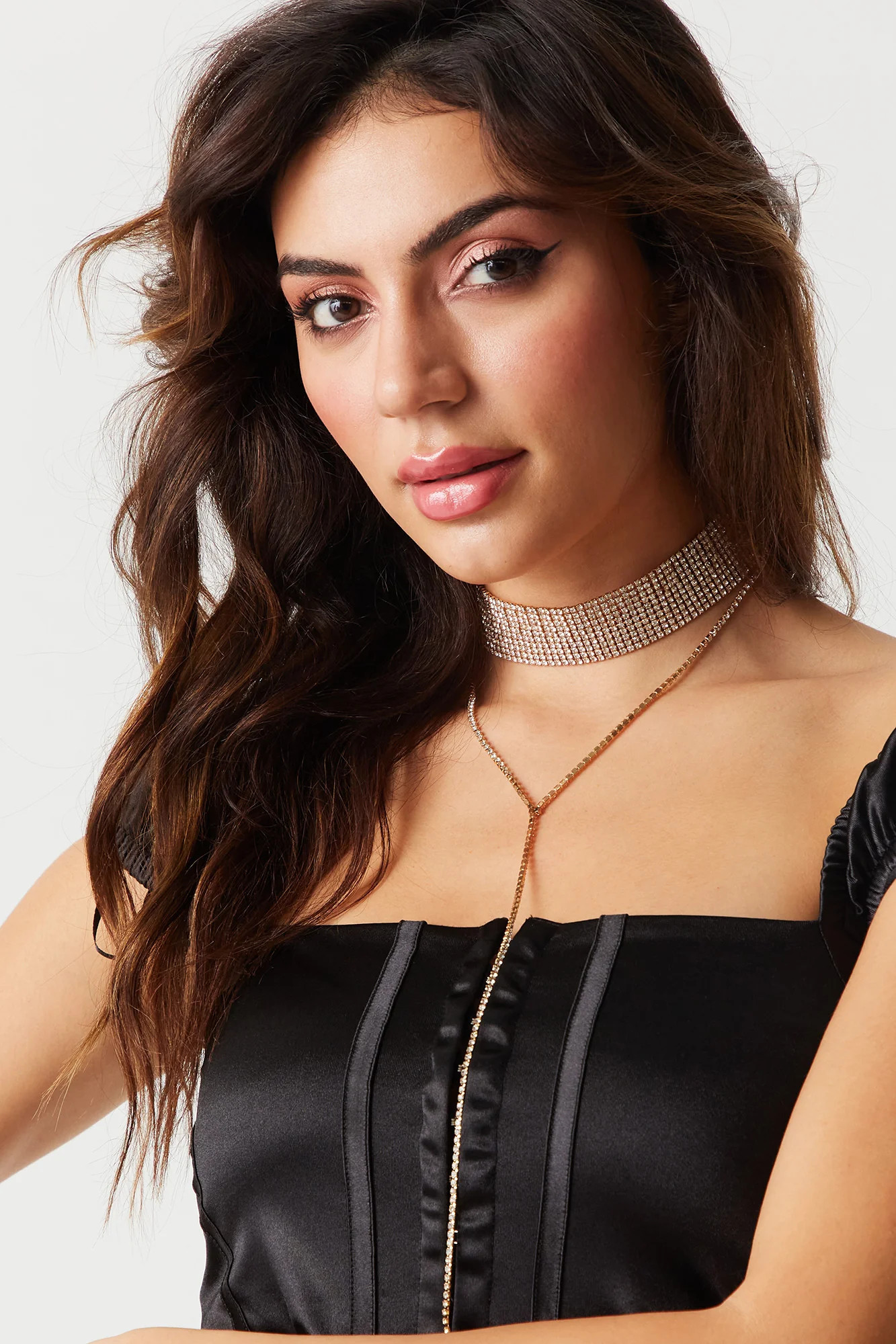 Layered Rhinestone Choker Drop Necklace | Urban Planet