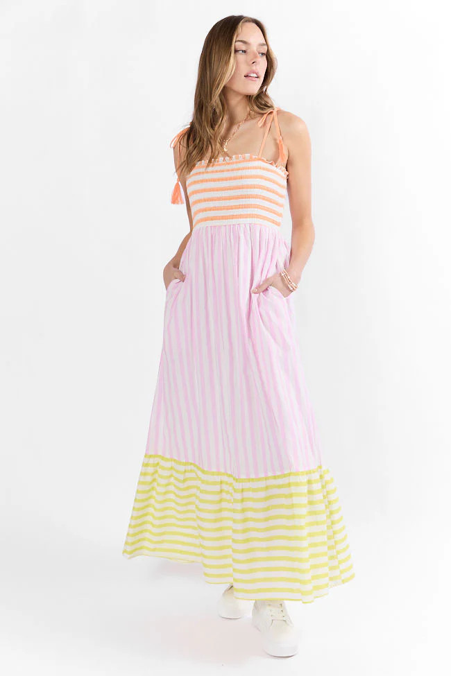 Forever Again Sherbet Striped Color Block Maxi Dress | Pink Lily