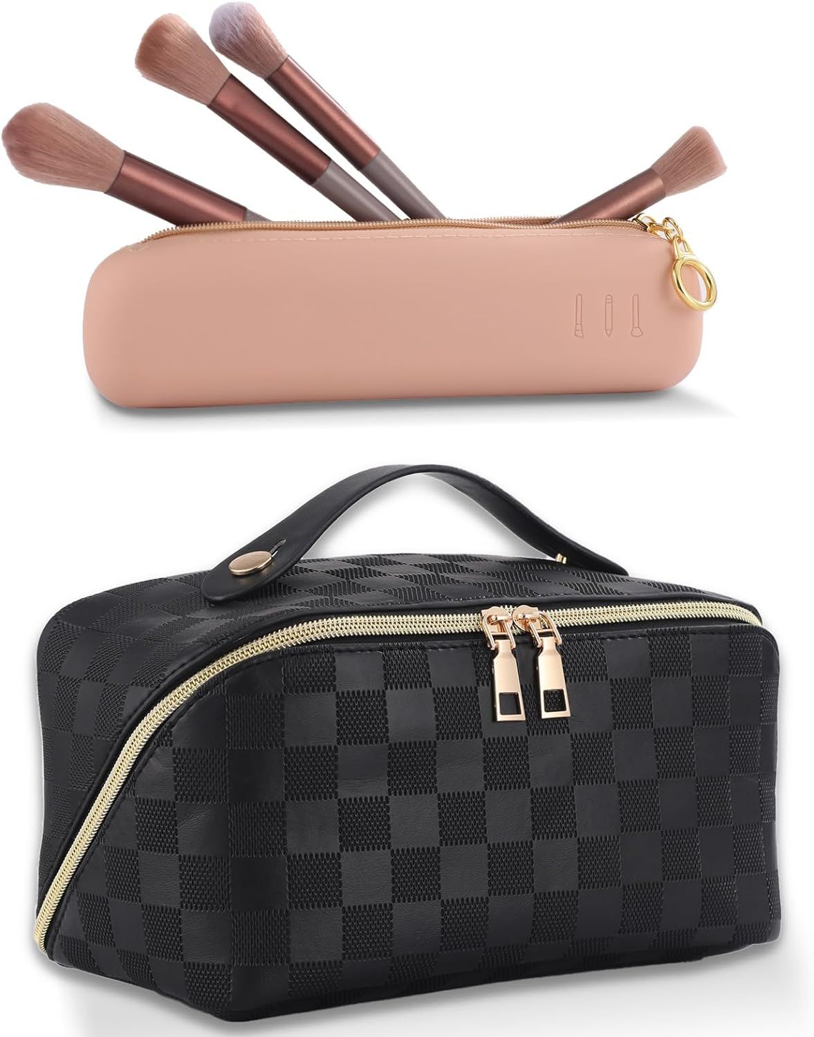 Makeup Bag Leather Checkered Black Large Capacity Travel Portable Makeup Bag Cosmetic Bag Organiz... | Amazon (US)