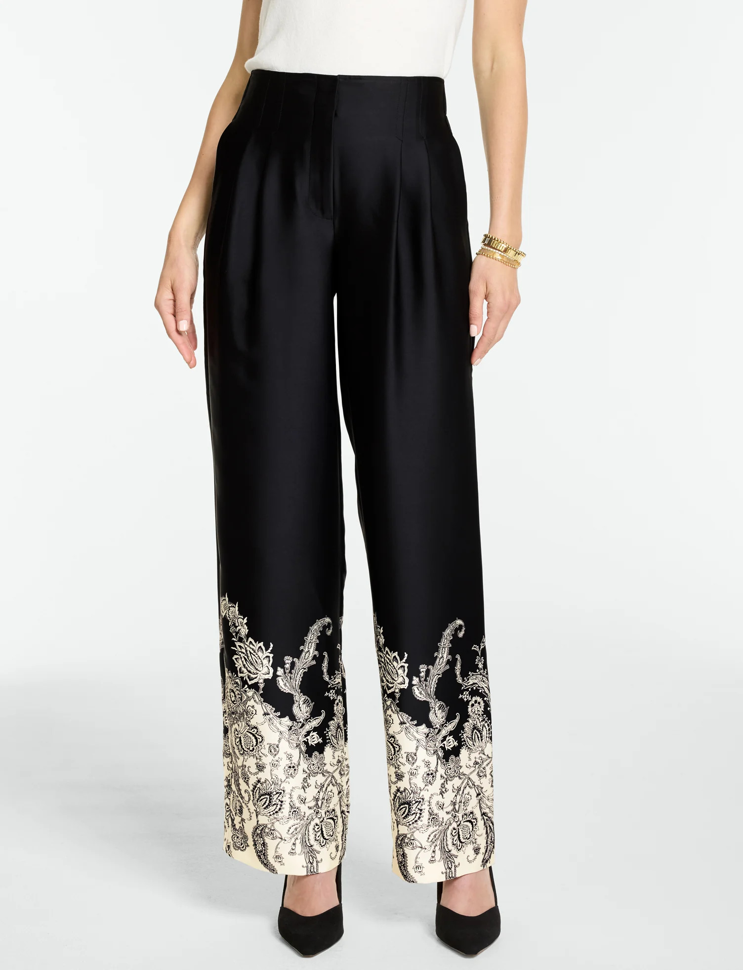 Petite - Satin Wide Leg High Waist Pants - Exquisite Paisley - Black/Ivory - 8 Talbots | Talbots