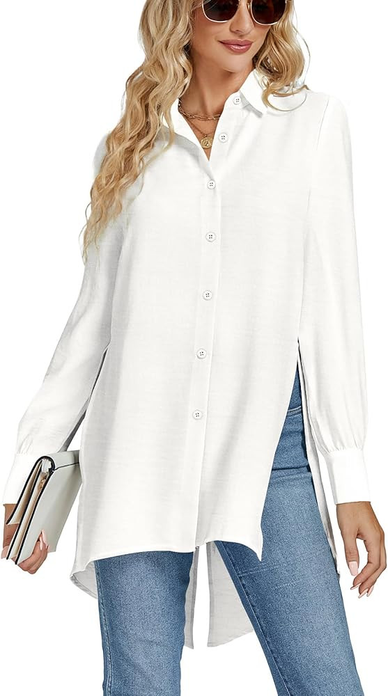LYANER Women's Collar V Neck Split Hem Button Down Long Sleeve Long Shirt Blouse Tunic Top | Amazon (US)