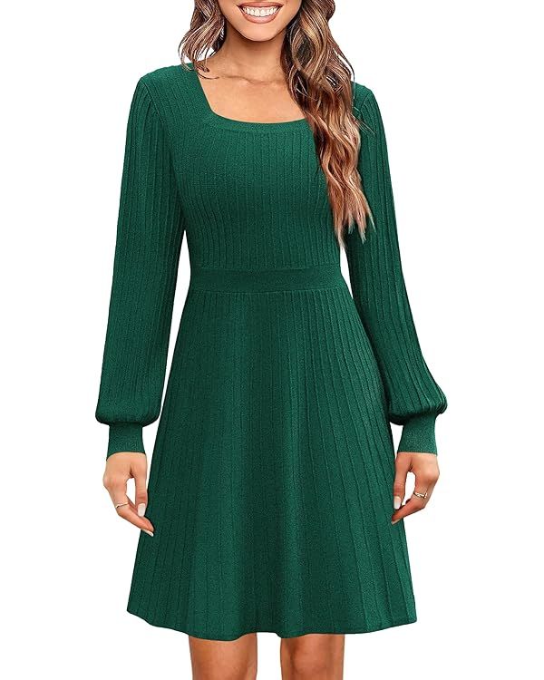 Miladusa Sweater Dress for Women Long Sleeve Square Neck Knee Length Knit Babydoll Dresses 2023 | Amazon (US)