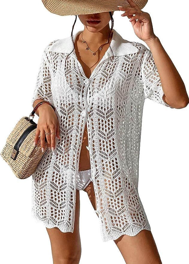 SOLY HUX Women's Button Down Hollow Out Crochet Swimsuits Cover Ups Kimono Short Sleeve Sheer Bea... | Amazon (US)