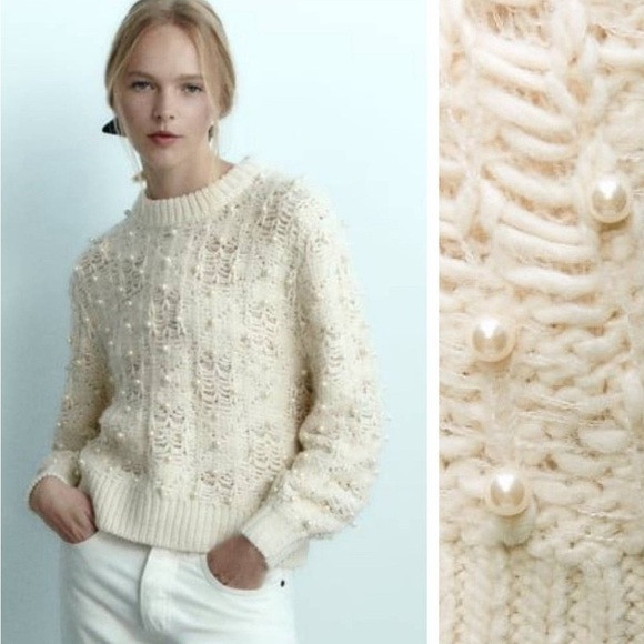ZARA NWT TEXTURED KNIT SWEATER WITH PEARL BEADS ECRU SIZE L | Poshmark