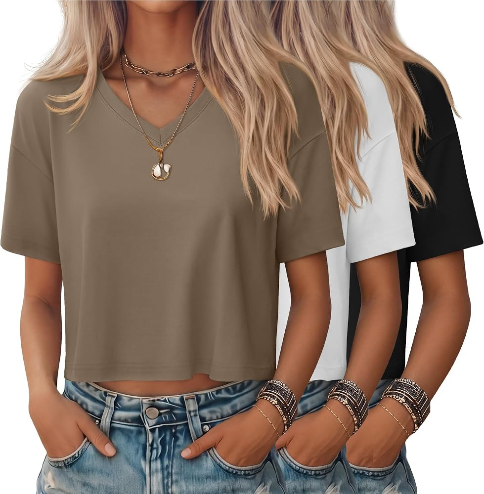 3 Pack Women's V Neck Cropped Tops | Amazon (US)