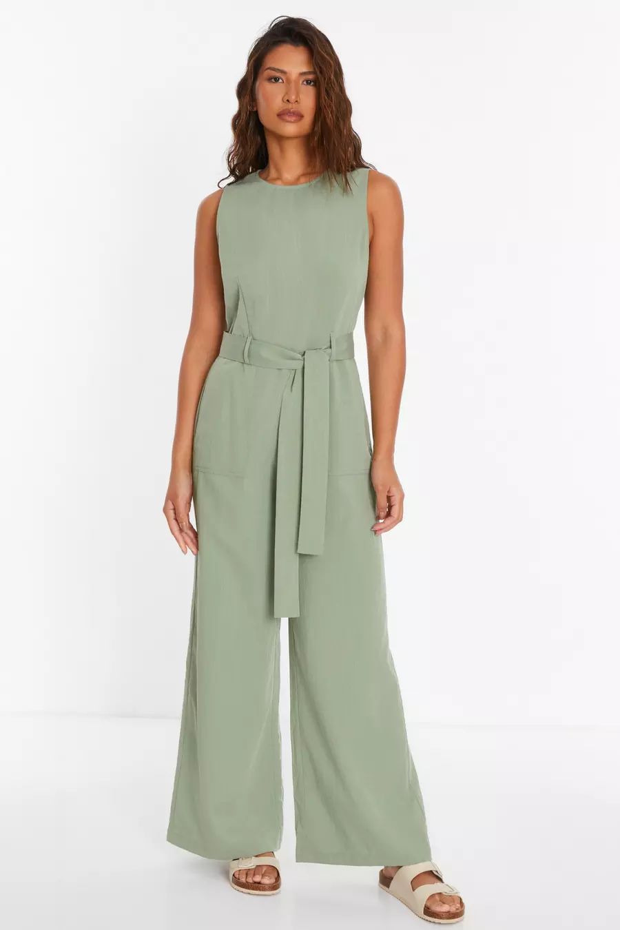 Khaki Linen Look Palazzo Jumpsuit | Quiz Clothing