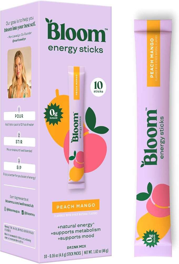 Bloom Nutrition Energy Drink Powder Packets, Peach Mango, 10 Count | Amazon (US)