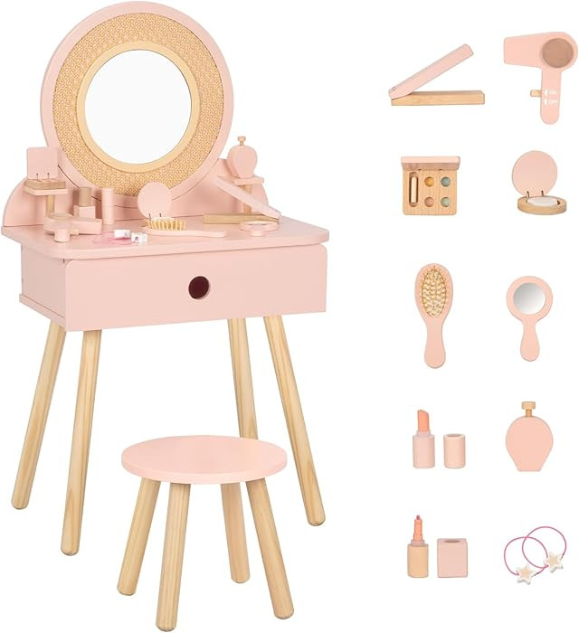 OOOK Kids Vanity Table and Chair Set, Pink Girls Vanity with 11 Pcs Accessories, Enough for Real ... | Amazon (US)