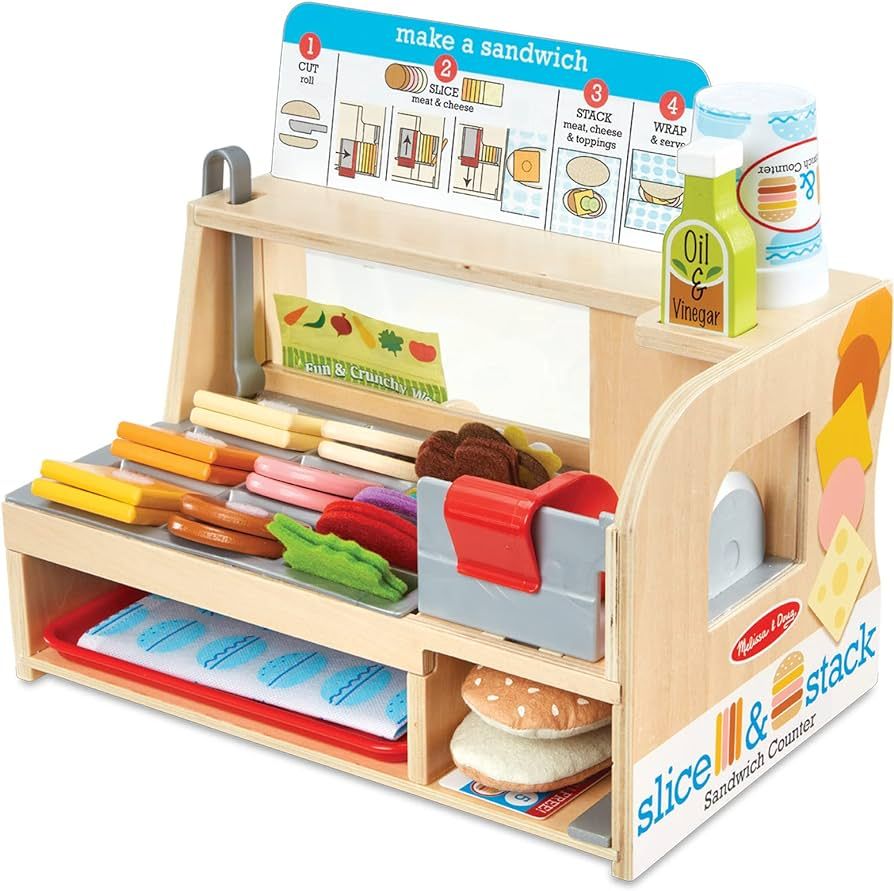 Melissa & Doug Wooden Slice & Stack Sandwich Counter with Deli Slicer – 56-Piece Pretend Play W... | Amazon (US)