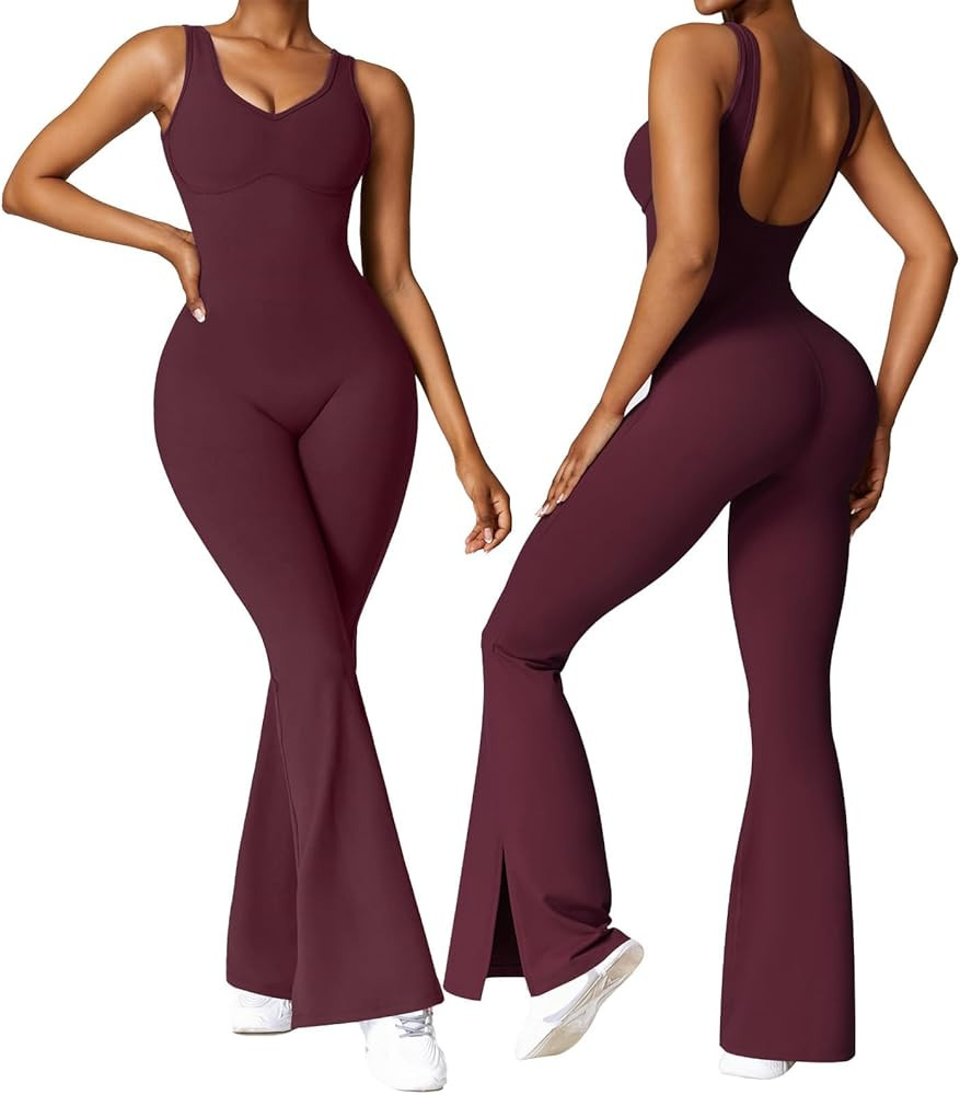OEAK Womens Flare Leg Jumpsuits Tummy Control Backless Unitard One Piece Workout Outfit V Neck Sl... | Amazon (US)