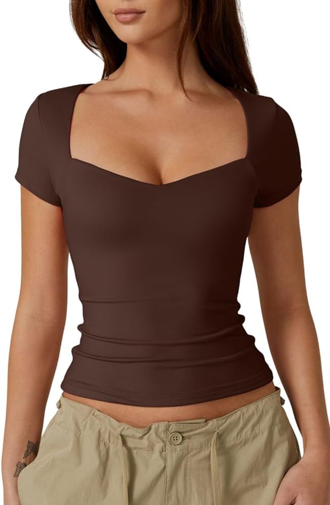 QINSEN Womens Sweetheart Neck Short Sleeve T Shirts Slim Fit Basic Tee Trendy Crop Top | Amazon (US)