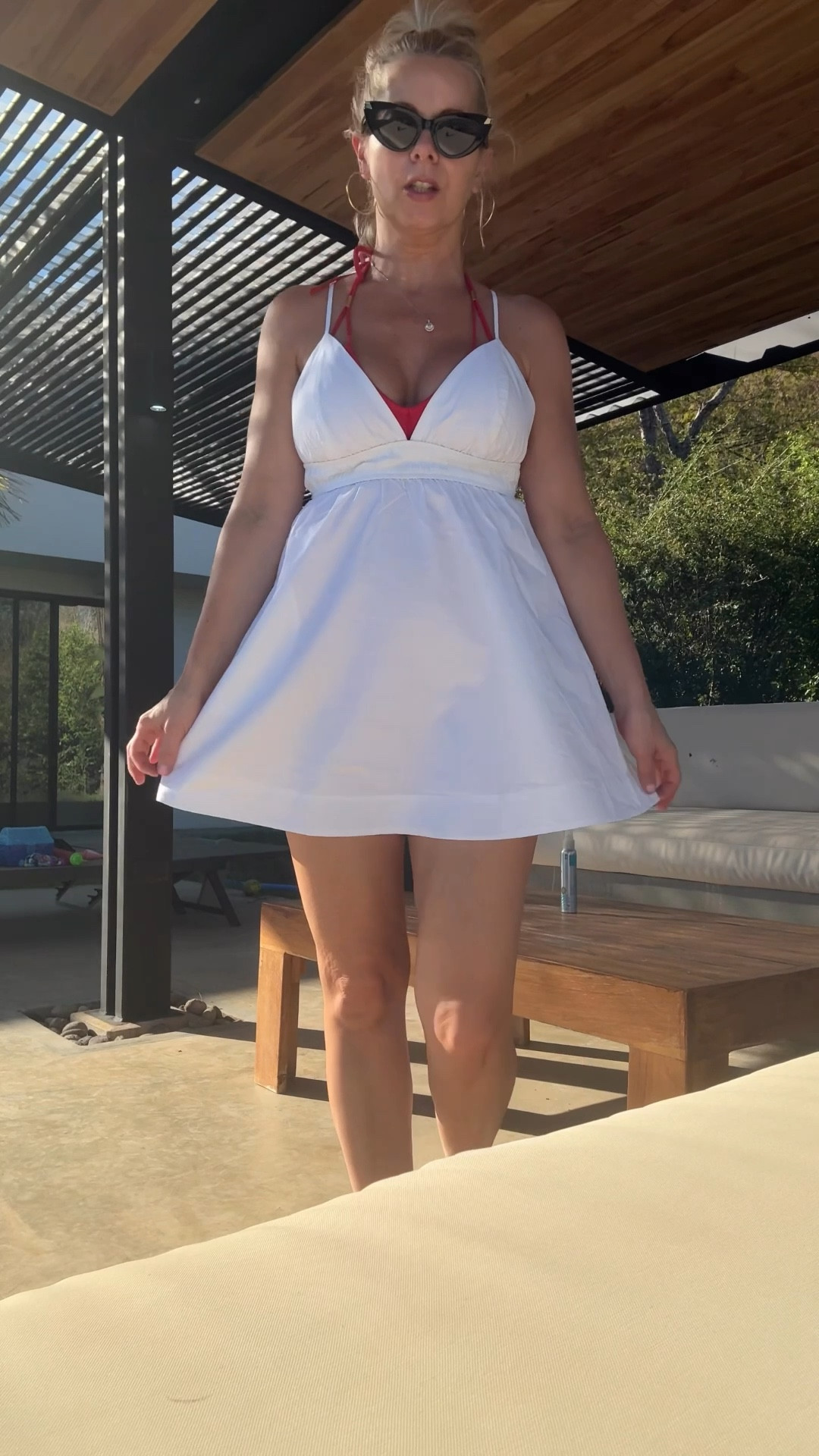 Poolside outfit of the day. White mini baby doll dress and red bathing suit XS in both  

#LTKootd #LTKSeasonal #LTKSwim